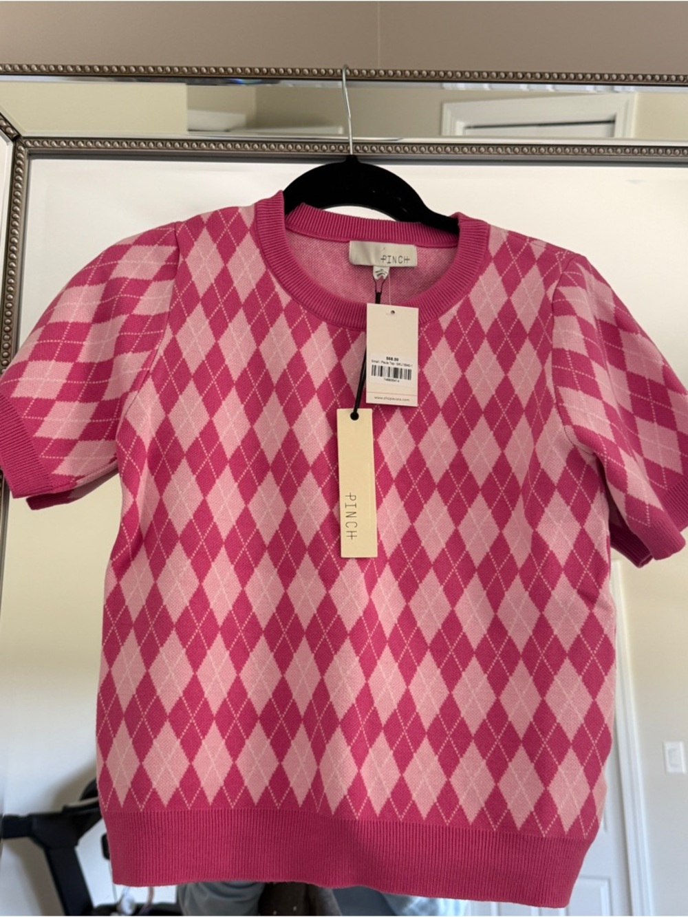 Avara Pinch Pink Argyle Short Sleeve Knit Sweater small